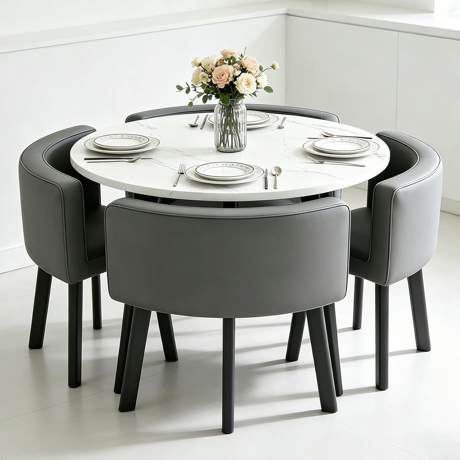 Round Dining Table Set for 4, Office Modern Restauran Office Conference Table Set, Table for Cafe Break Room (White Table+Gray Chairs)