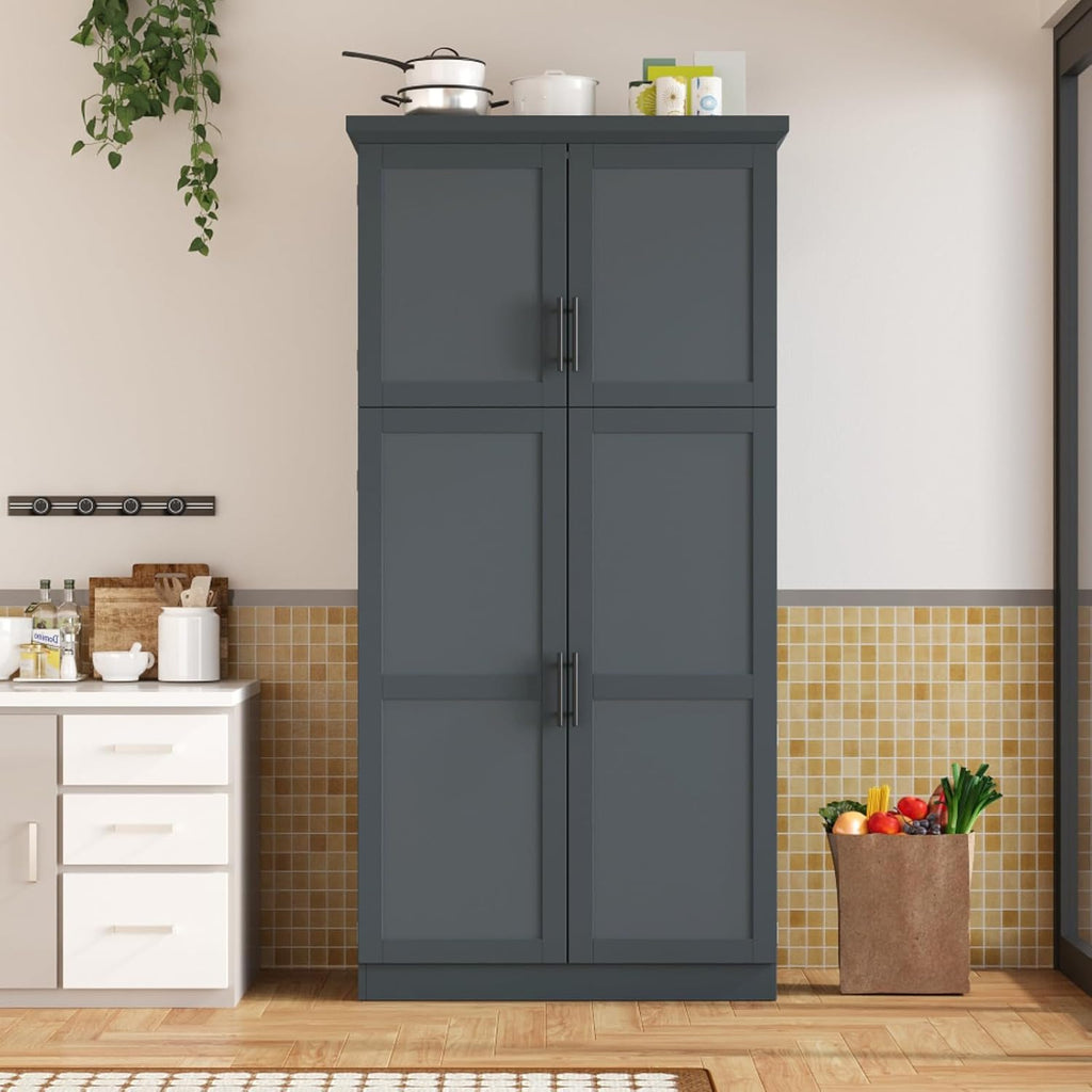 Hassyee 35.5 x 17.6 x 70.9 inch Freestanding Kitchen Pantry Cabinet, Tall Storage Cabinet with 4 Doors, 2 Door Shelves, 8 Pull-Out Trays and Adjustable Shelf for Dining Room (Gray)