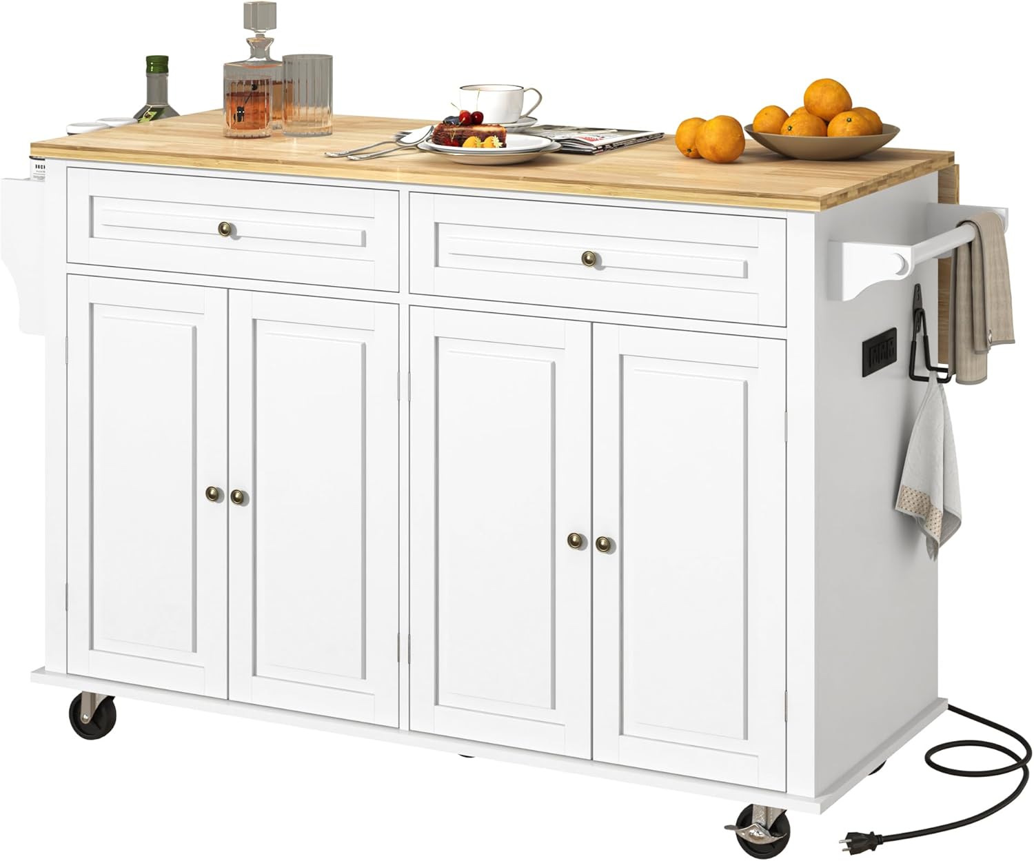 Squireewo 59" Kitchen Cart with Wood Top and Drop Leaf Breakfast Bar, Rolling Mobile Kitchen Island Table on Wheels with Drawer and Storage Cabinet, Spice Rack, Towel Rack, White