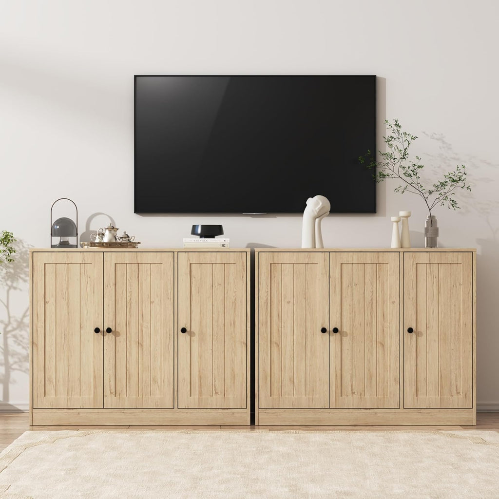 Furnify Buffet Cabinet with 3 Door, Kitchen Storage Cabinet with Adjustable Shelf, Coffee Bar Accent Cabinets for Living Room, Entryway, Natural Oak