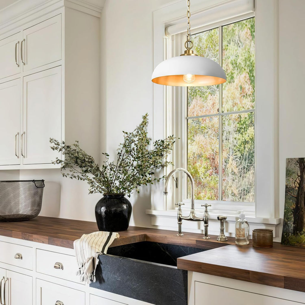 Lingkai 15.7" Pendant Light Fixtures, Farmhouse Pendant Lights Kitchen Island, White Hanging Ceiling Light for Kitchen Island Dining Room