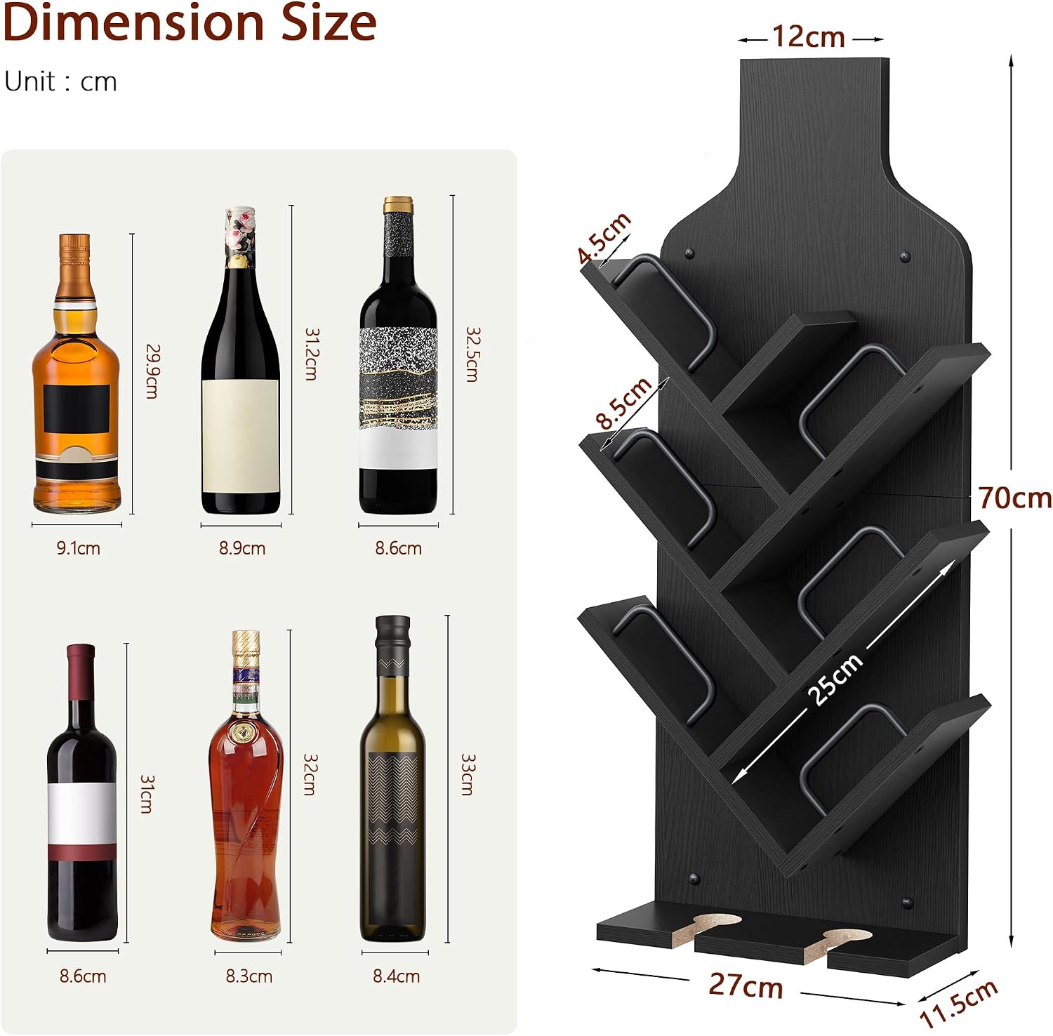 FAVOOSTY Wine Rack Wall Mounted for 6 Wine Bottles, Wall Racks for Wine Bottles Display and Storage with Glass Holder, Wood Wine Rack for Living Room, Dining Room, Wine Cellar, Bar (Black)