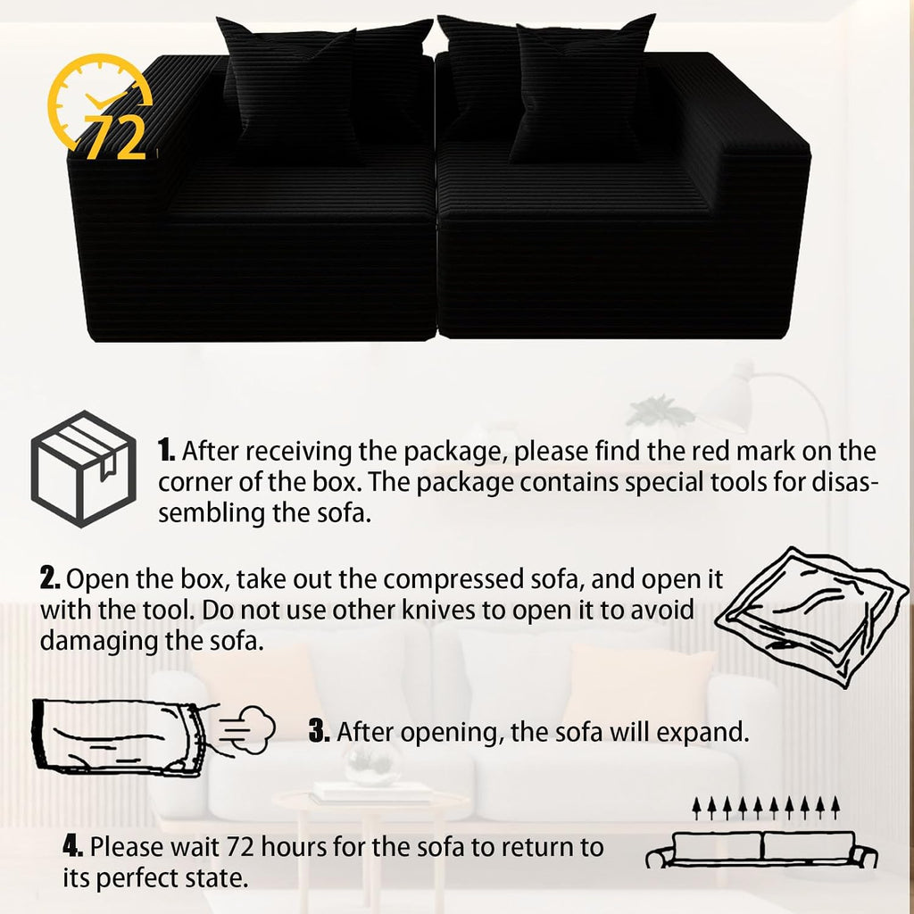 Oversized Cloud Couch Ottoman, Frameless Wide-Wale Corduroy Footrest for Living Room, High-Density All-Foam Large Rectangle Boneless Ottoman Coffee Table for Sectional Sofa (Black, Ottoman)