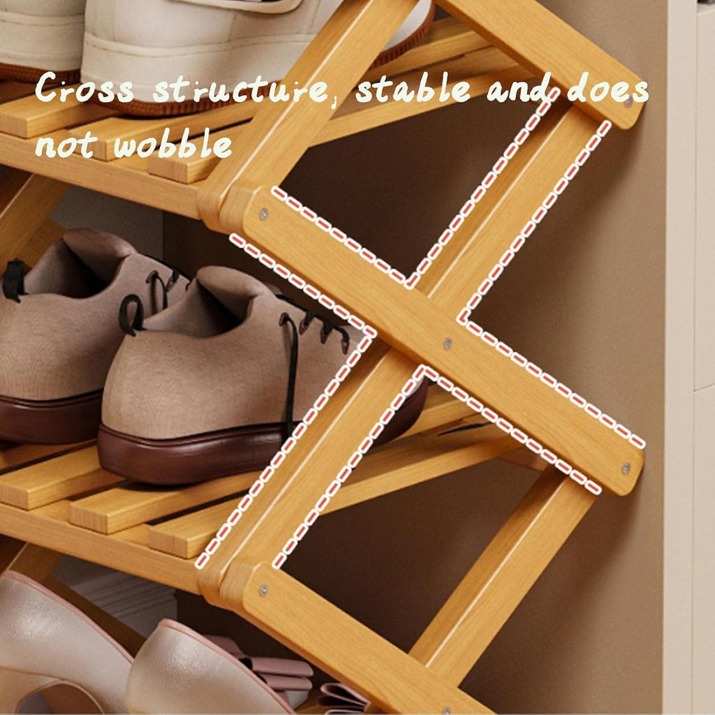 2-10 Tiers No-Assembly Bamboo Rack, No-Tool Assembly, Foldable Storage Shelf, Vertical Shoe Organizer for Small Spaces, The 9-Tier No-Assembly Bamboo Rack (Natural,10 Tier)