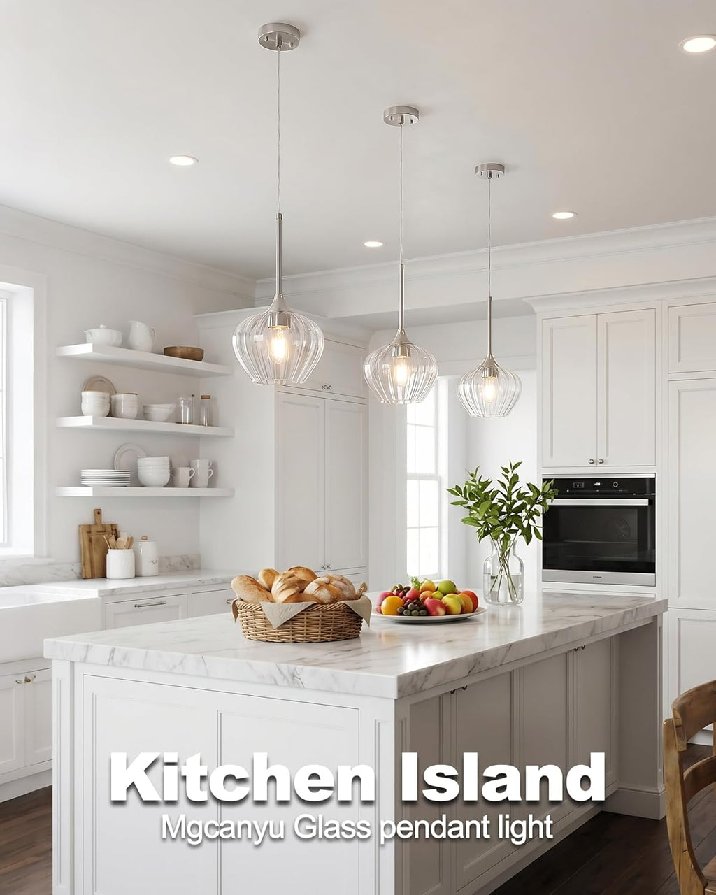 2-Pack Glass Pendant Lights Kitchen Island, 7.7" Modern Brushed Nickel Pendant Lighting Small Hanging Light Fixtures for Kitchen, Dining Room, Bathroom, Bedroom