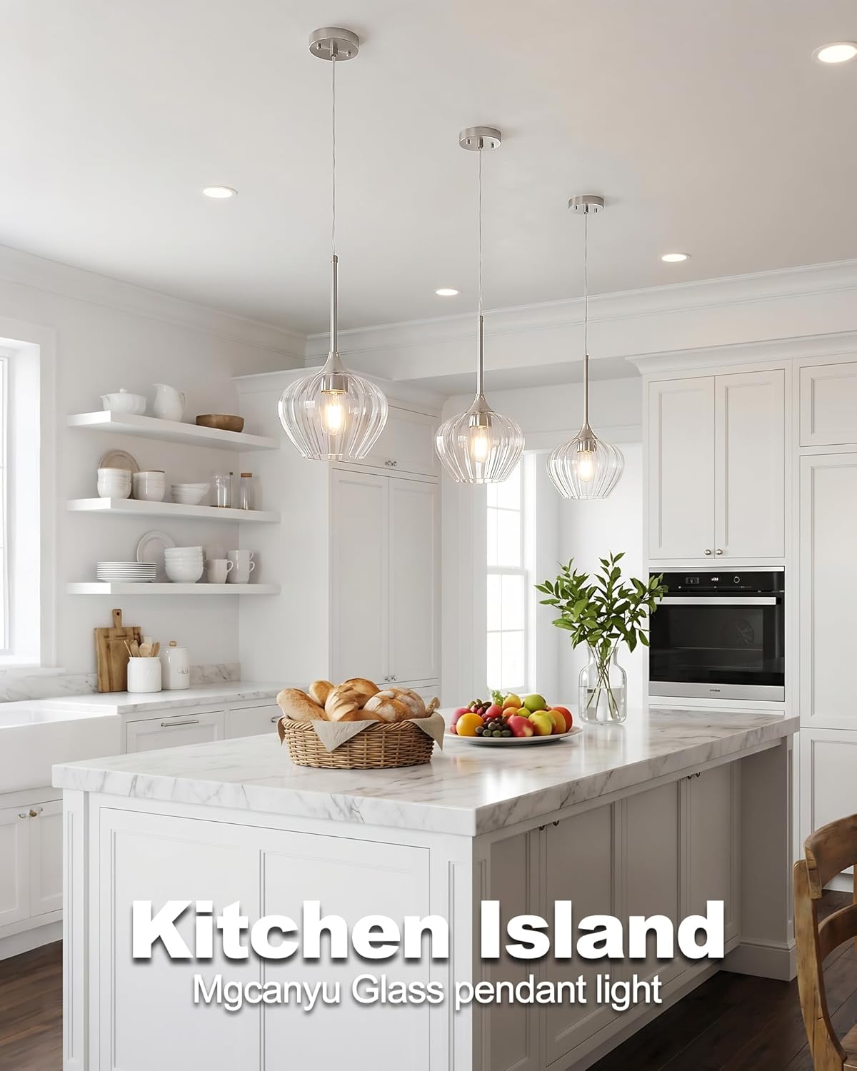 2-Pack Glass Pendant Lights Kitchen Island, 7.7" Modern Brushed Nickel Pendant Lighting Small Hanging Light Fixtures for Kitchen, Dining Room, Bathroom, Bedroom