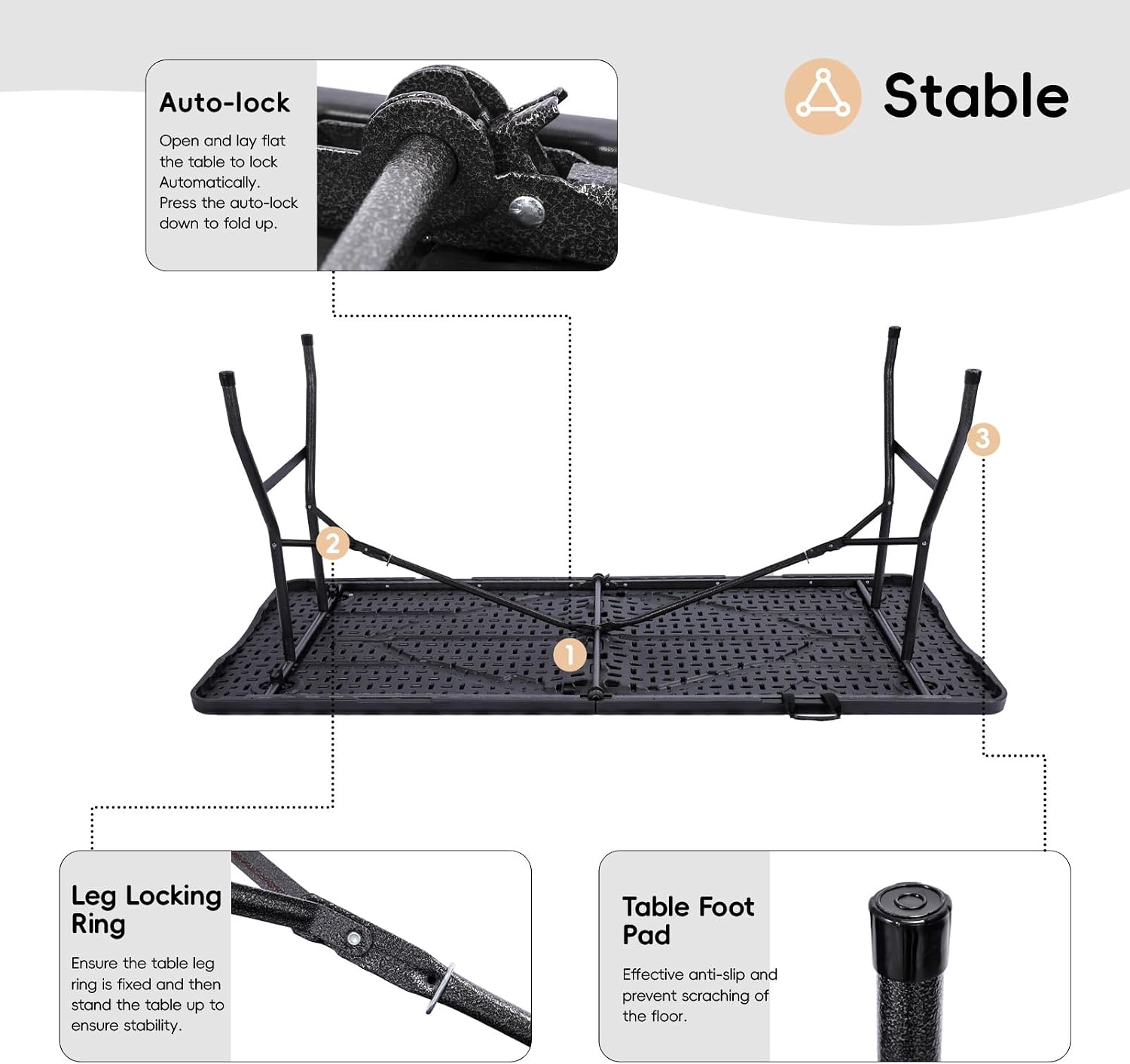 pollilar Folding Table 6FT Heavy Duty Portable Plastic Foldable Table Black | 6 Foot Fold-in-Half Utility Desk for Outdoor Camping Party Dining Wedding Events Picnic Indoor Working Meeting Banquet BBQ