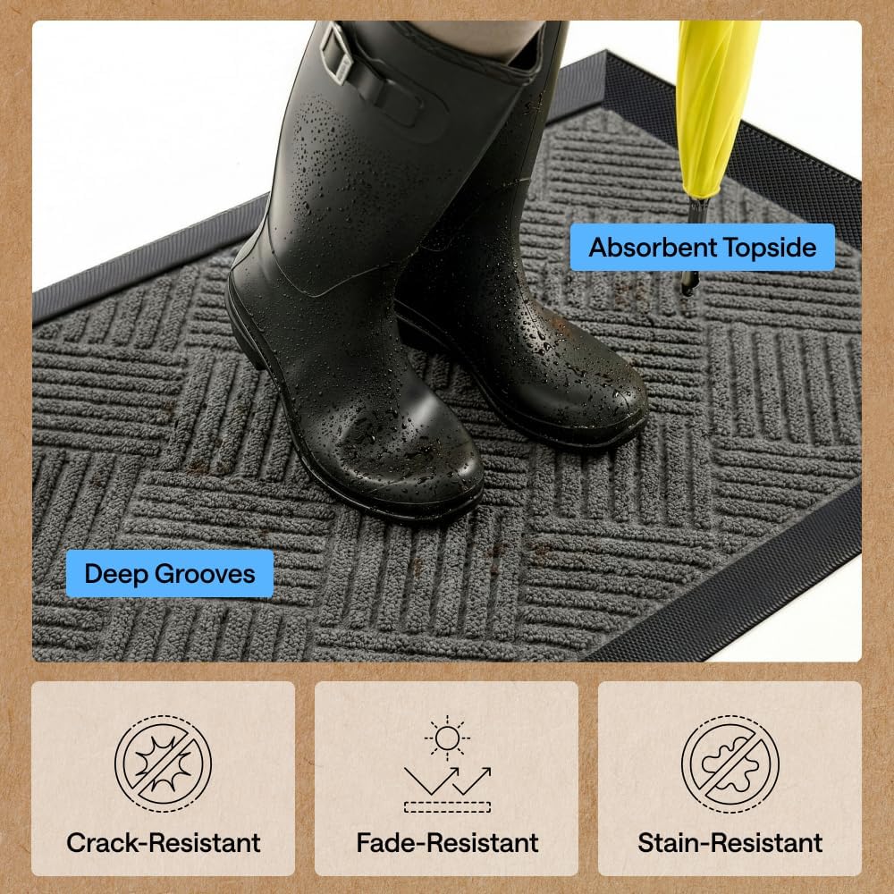 GORILLA GRIP 100% Waterproof All-Season WeatherMAX Doormat US Designed Natural Rubber, Stain Fade Resistant, Low Profile Indoor Outdoor Door Mats, Easy Clean, 29x17 Gray Diamond