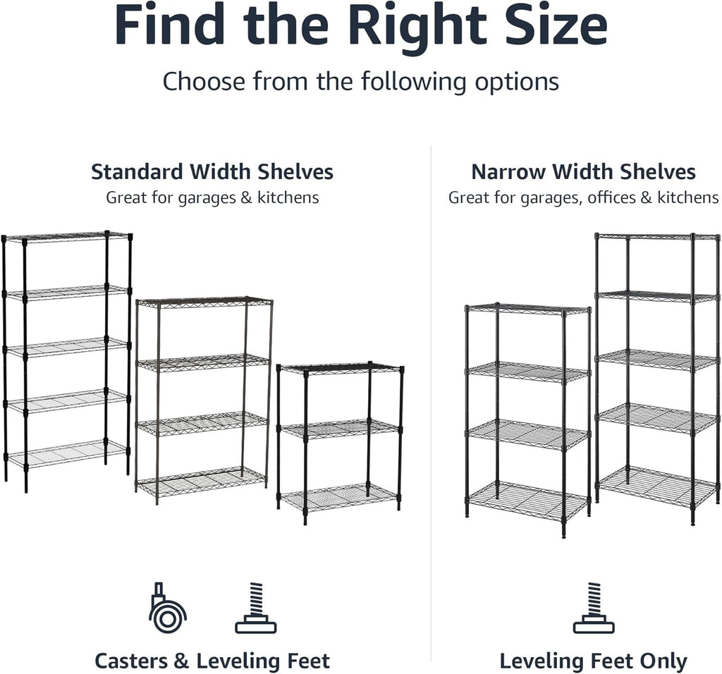 Amazon Basics 5-Shelf Heavy Duty Garage Shelving Storage Rack with 4" Wheel Casters, Adjustable Metal Wire Organizer, 300 lbs Per Shelf, 30" x 14" x 64.75", Black