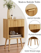Oak Fluted Nightstand, Modern Bedside Table with Storage Drawer, Wood Night Stand Side End Table for Bedroom, Living Room, Office