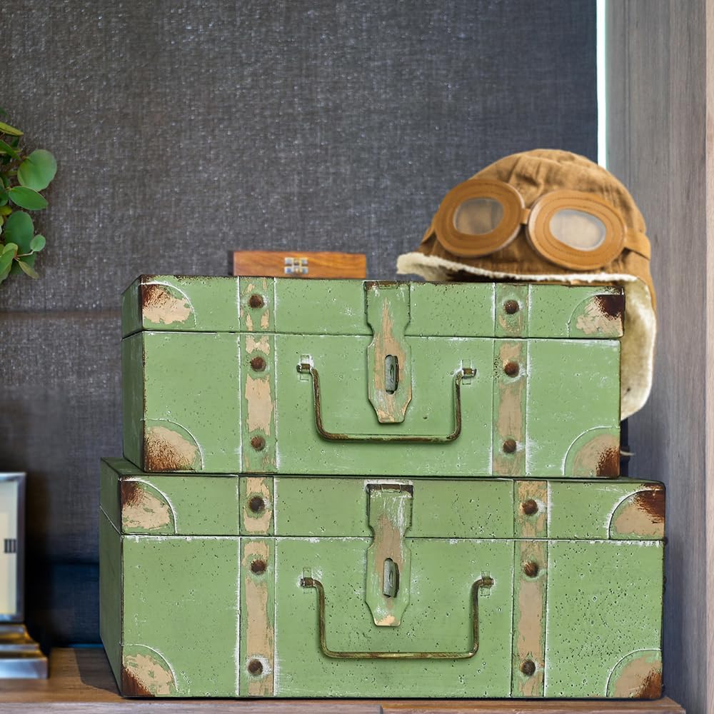 Vintage Metal Storage Trunks - Set of 2, Antique Decorative Storage Chests with Lids, Decorative Suitcase Boxes, Vintage Suitcases for Keepsakes and Home Decor, Green