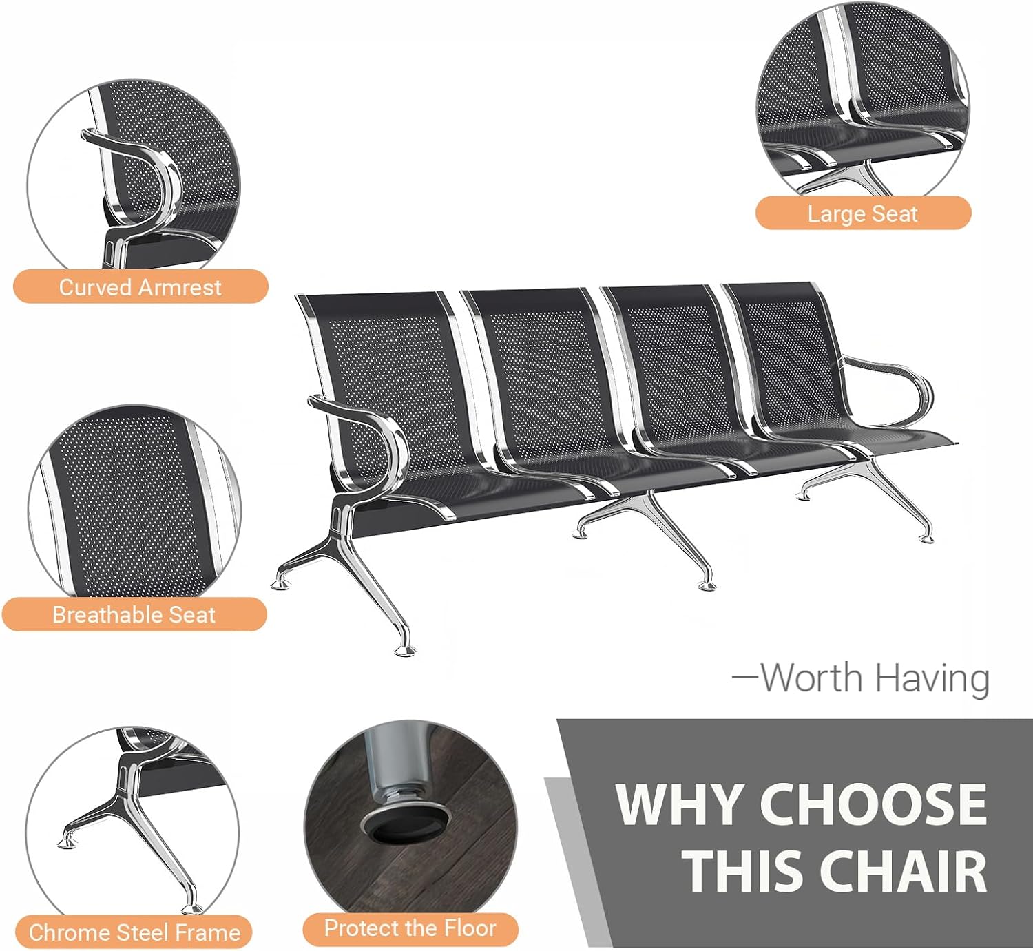 Kinfant Waiting Room Chairs - Whole 4-Seat Connect Reception Chairs Waiting Room Chairs with Arms & Stainless Steel Frame, Waiting Room Bench Lobby Chair for Office Airport Bank Hospital