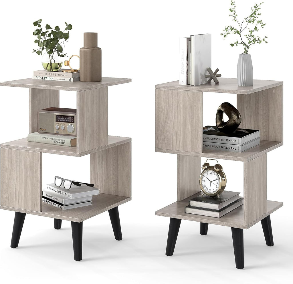 GOFLAME 3-Tier End Table Set of 2, Wood Sofa Side Table with Open Storage Shelves, Plastic Legs, Geometric Bedside Table, Modern Nightstand for Living Room, Bedroom, Small Spaces, Gray