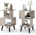 GOFLAME 3-Tier End Table Set of 2, Wood Sofa Side Table with Open Storage Shelves, Plastic Legs, Geometric Bedside Table, Modern Nightstand for Living Room, Bedroom, Small Spaces, Gray