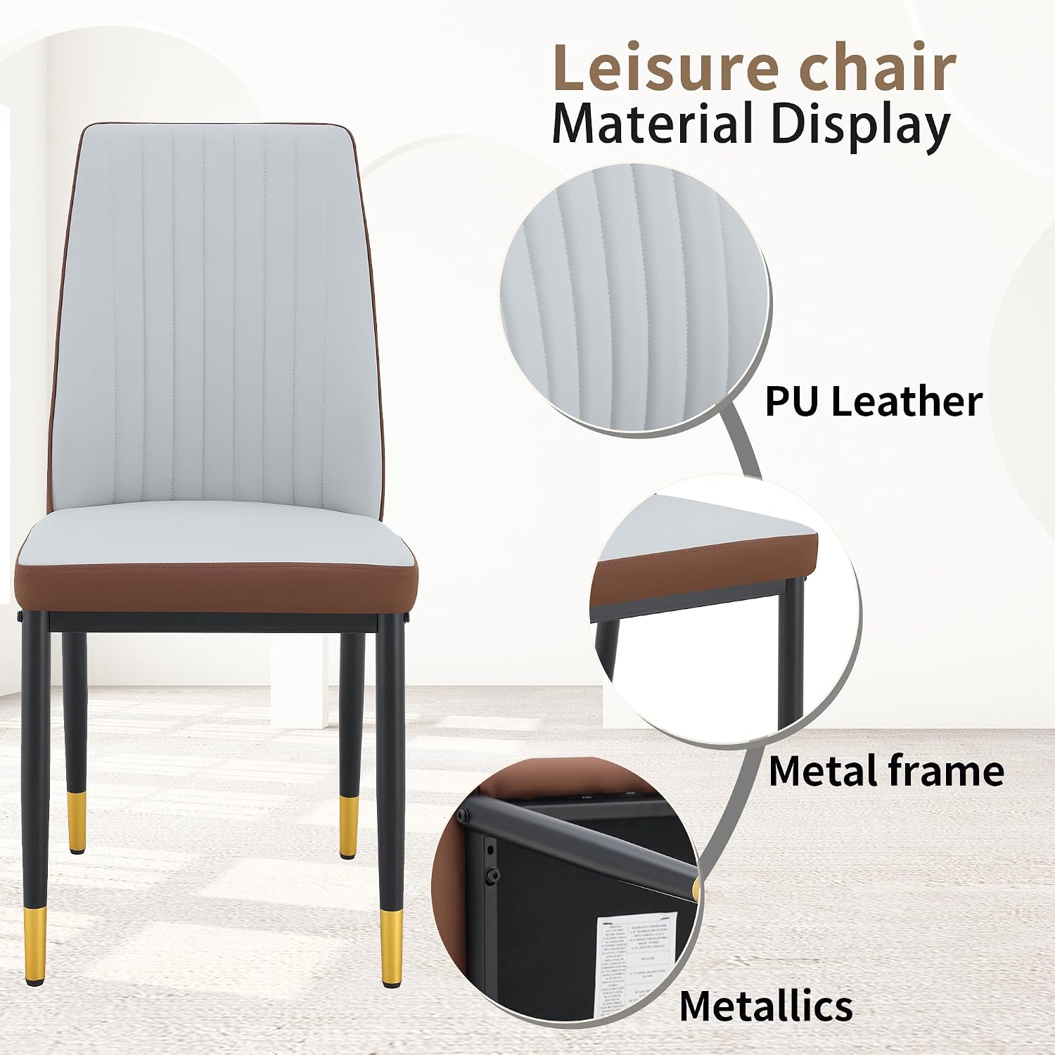 Upholstered Dining Chairs Set of 6, Mid-Century Modern Leather Dining Room Chair with Metal Legs & Padded Seat, Stylish Elegant Living Room Accent Chair (Brown-Grey, Set of 6)