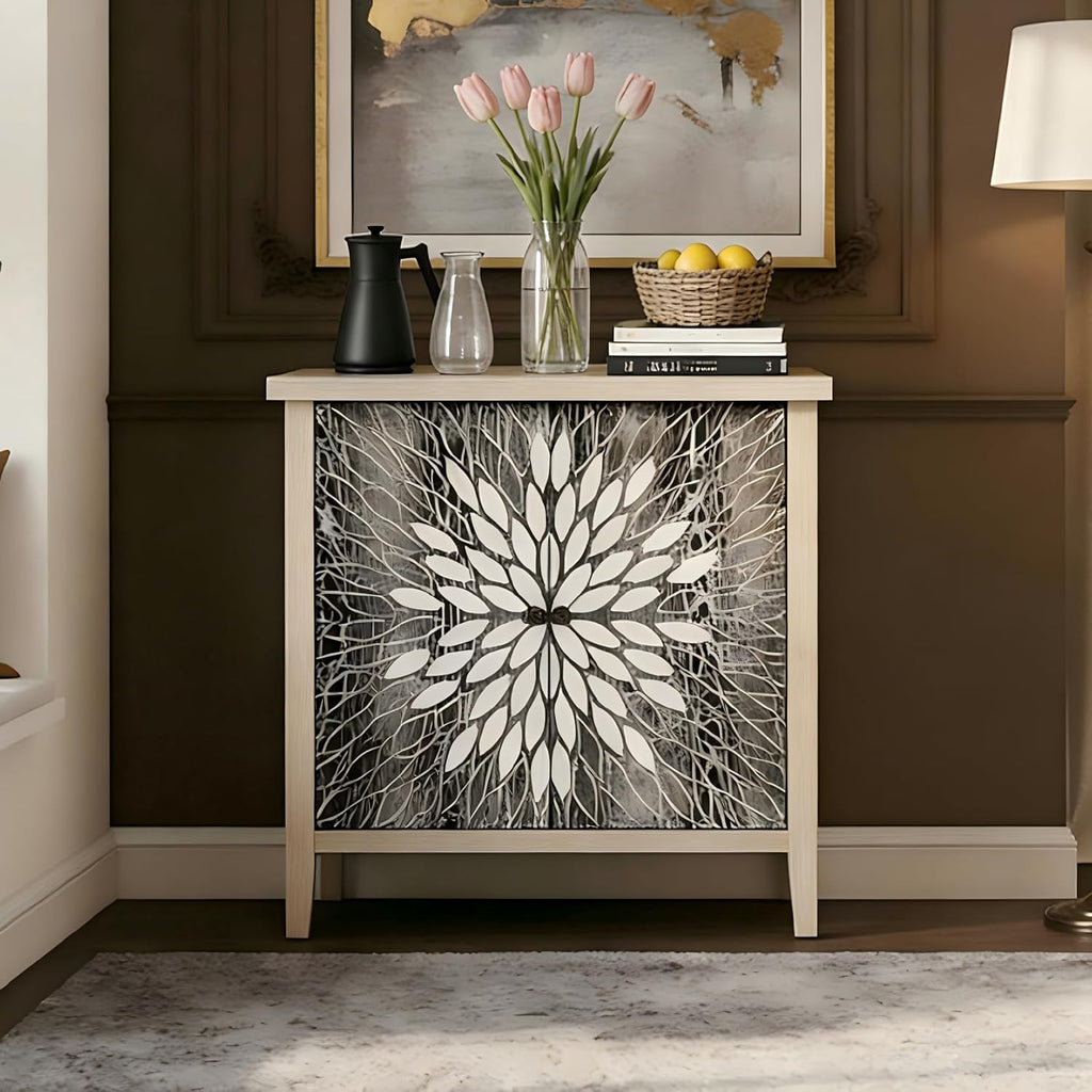 31" Carved Sideboard Buffet Cabinet, Decorative Storage Cabinet with 2 Doors and Adjustable Shelf, Farmhouse Vintage Accent Cabinet for Living Room, Entryway, Kitchen, Black