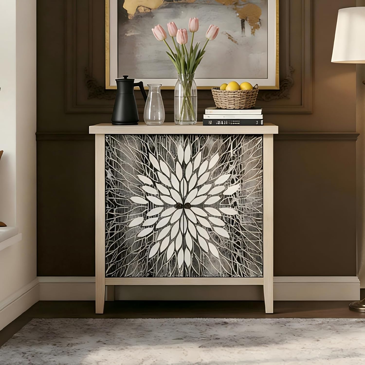 31" Carved Sideboard Buffet Cabinet, Decorative Storage Cabinet with 2 Doors and Adjustable Shelf, Farmhouse Vintage Accent Cabinet for Living Room, Entryway, Kitchen, Black