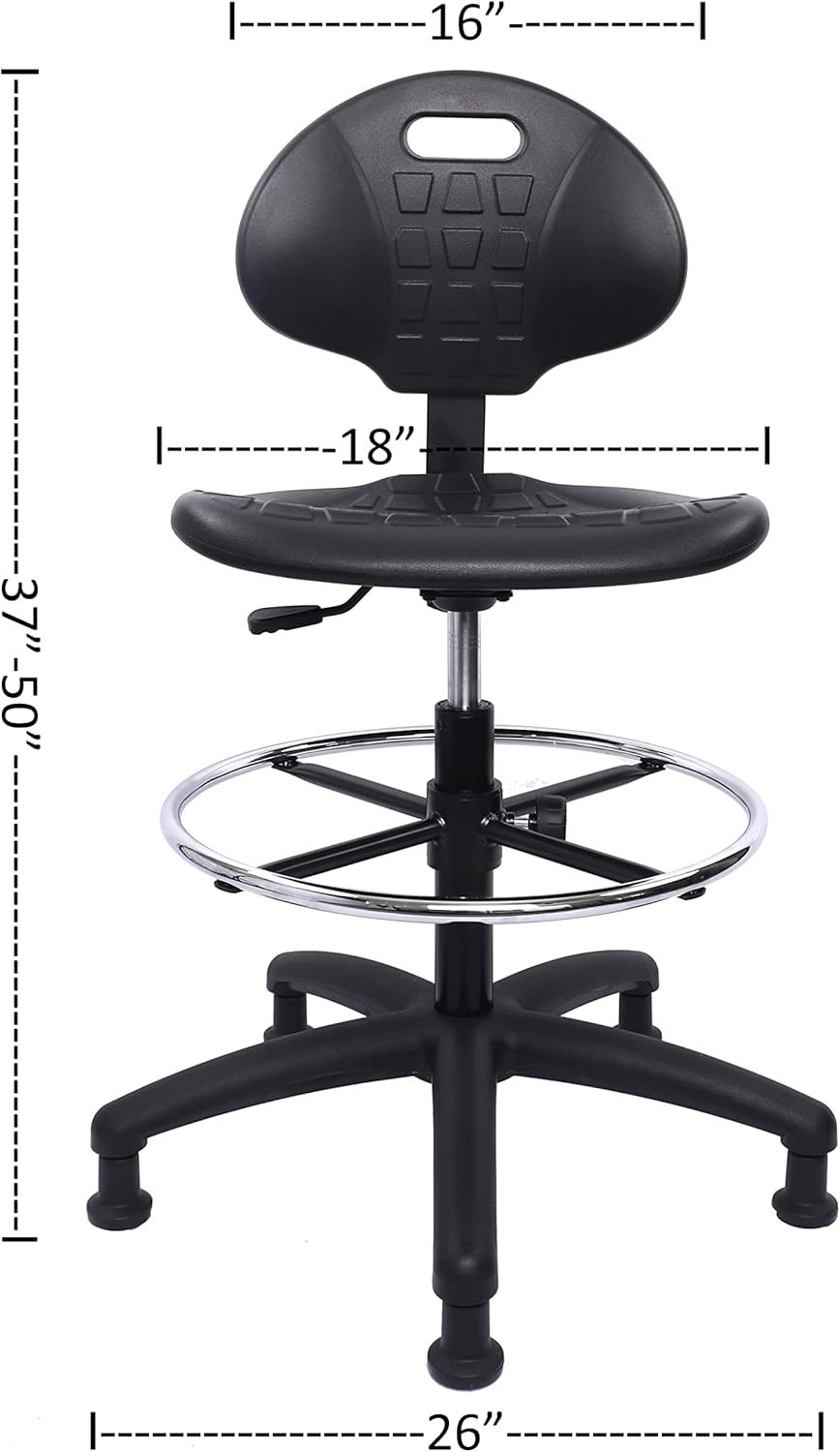 Heavy Duty Durable Drafting Stool - Easy to Clean! Ergonomic Polyurethane Chair. Seat Height Adjustable w/Footring for Home, Automotive, Lab, Cleanroom (Non-Rolling Glides, Tall Stool).