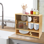 Bamboo Kitchen Pantry Sideboard with Sliding Glass Doors, Freestanding Storage Cabinet with Adjustable Height, 3-Tier Utility Cupboard for Bottles and Dishes