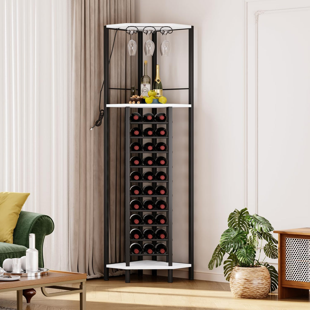 Homeiju Corner Wine Rack with Glass Holder and Led Strip Light, Corner Bar Wine Racks Freestanding Floor, Industrial Corner Bar Cabinet for Kitchen, Dining Room, Living Room or Cellar