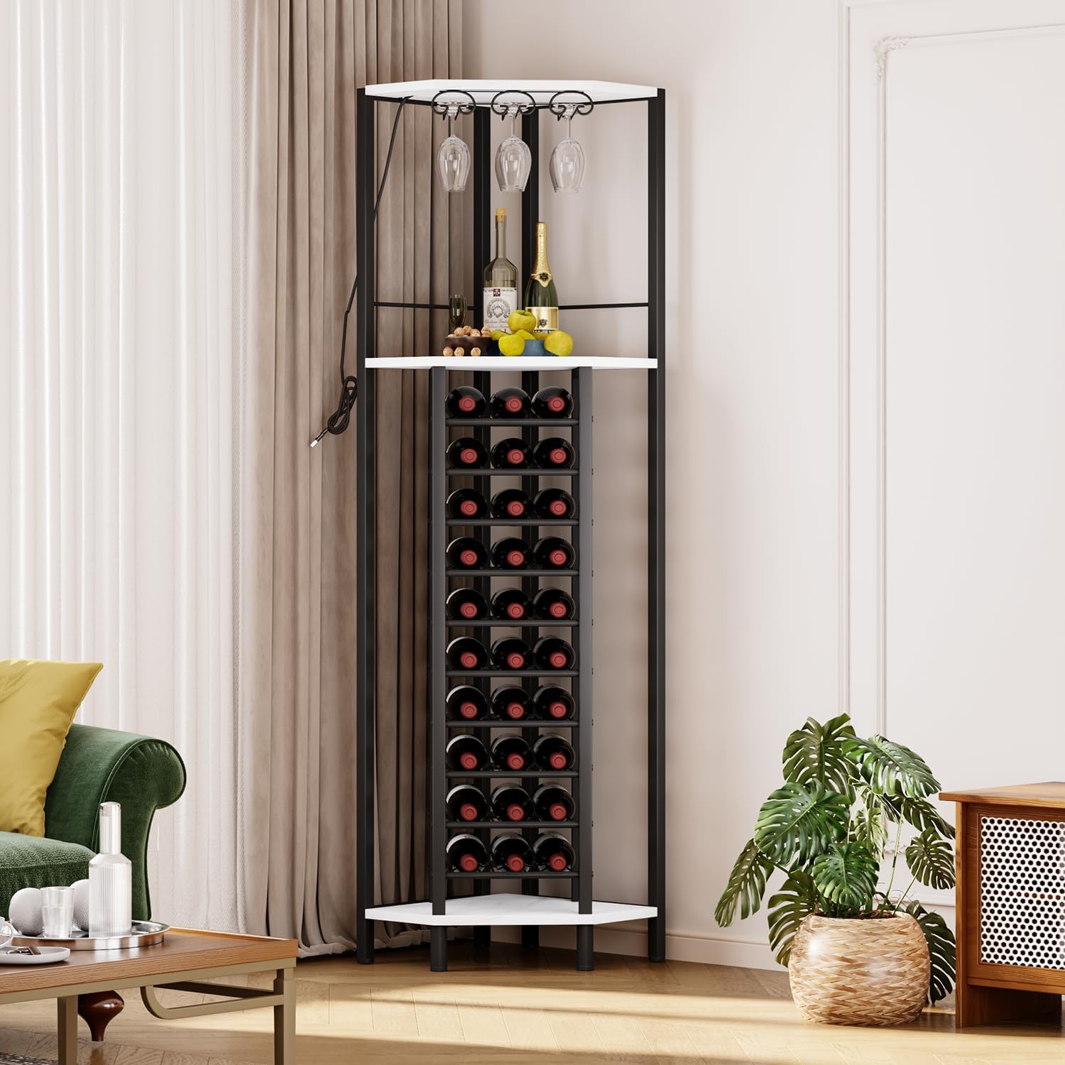 Homeiju Corner Wine Rack with Glass Holder and Led Strip Light, Corner Bar Wine Racks Freestanding Floor, Industrial Corner Bar Cabinet for Kitchen, Dining Room, Living Room or Cellar