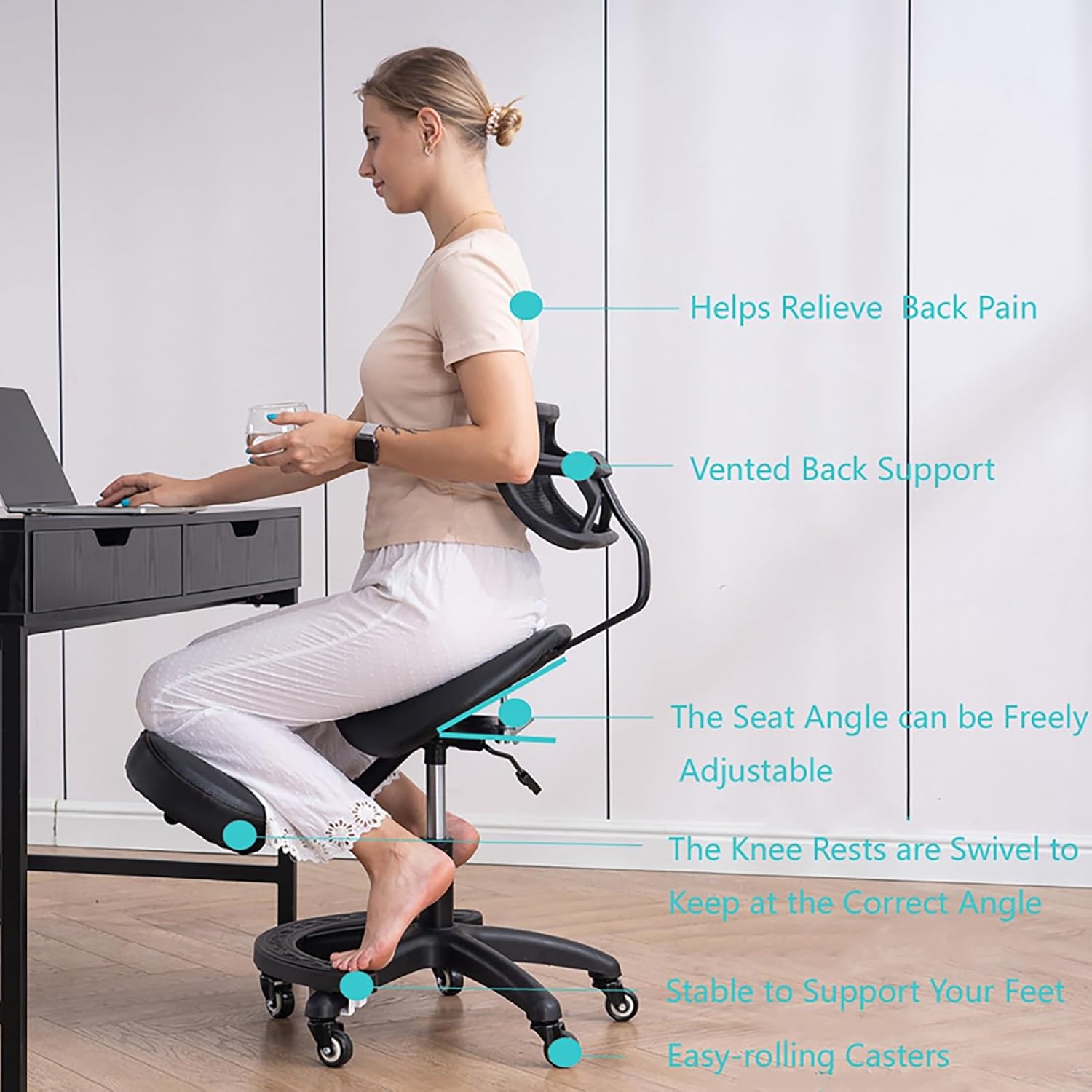 TUJOBA Modern Ergonomic Saddle Seat Kneeling Chair with Backrest, 360 Degrees Swivel Mobile Angled Posture Stool for Office, Black Leather