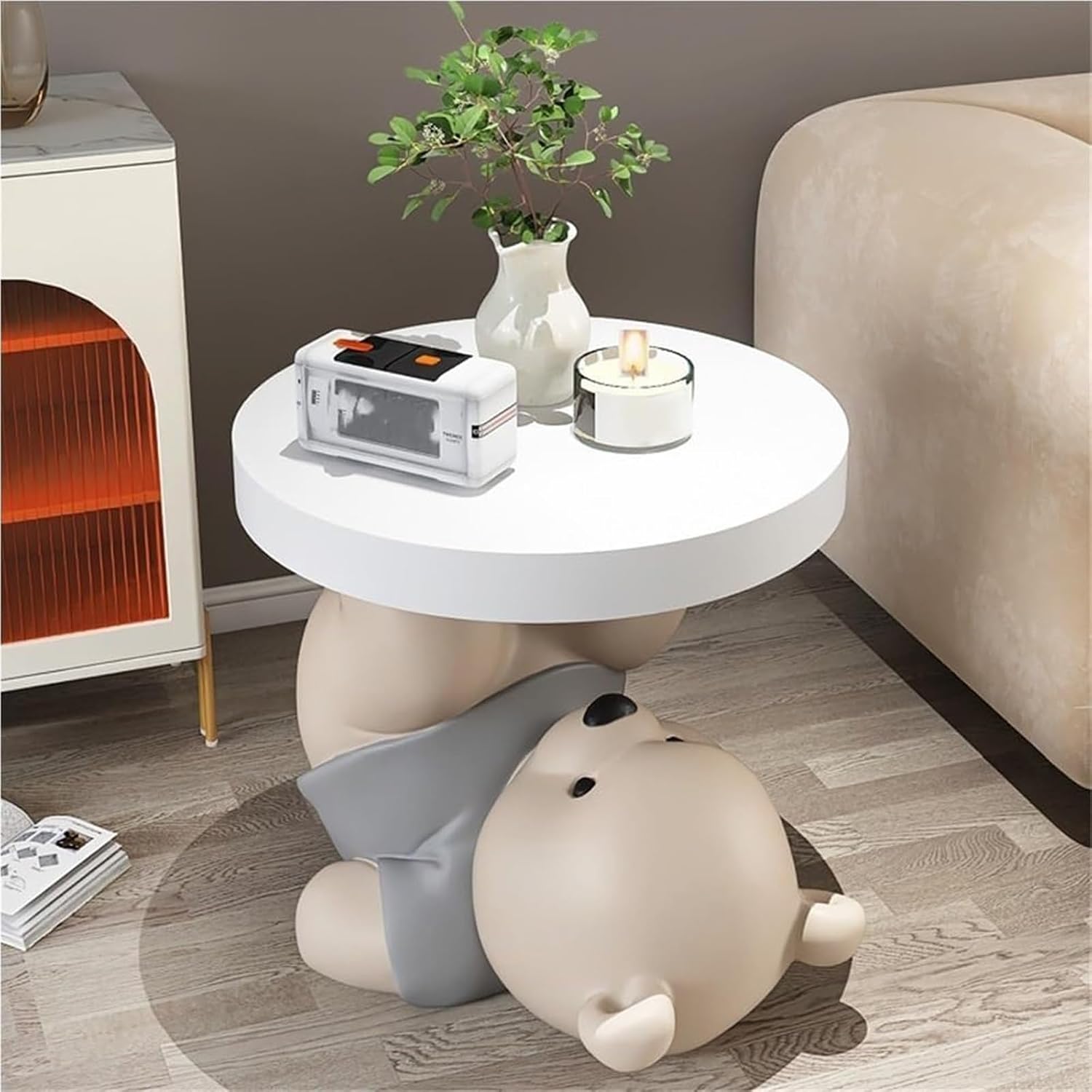 Bear Statue End Table, Round Side Table, Resin Sculpture Bedside Table, Small Space Saving Nightstand Couch Corner Stand Bedroom, Accent Table for Living Room(Gold)