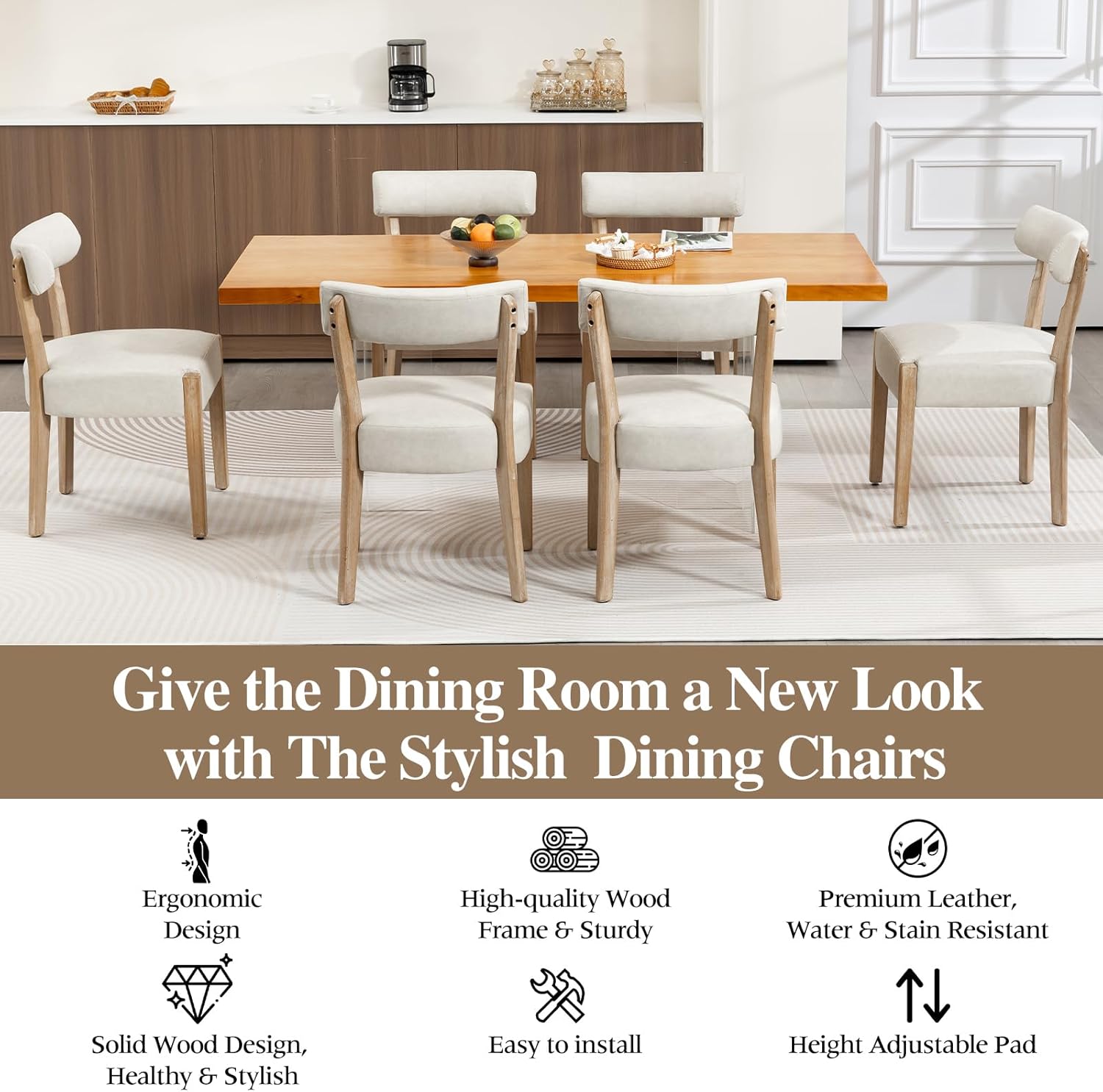 ZJhome Modern Dining Chairs Set of 4 – Mid-Century Modern Faux Leather Upholstered Kitchen & Dining Room Chairs with Curved Back, Oversized Rounded Seat, Sturdy Wood Frame, Beige