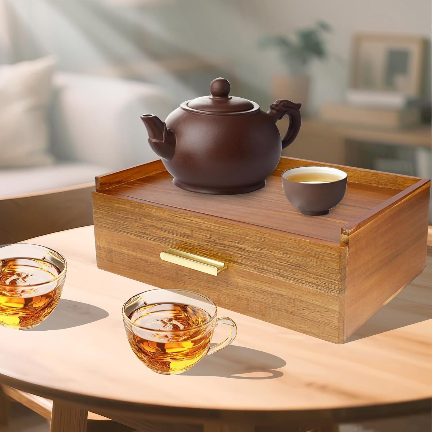 Acacia Wooden Tea Box Organizer with Drawer,Tea Chest for Tea Bags Storage,Tea and Coffee Organizer, Wood Tea Tray and Containers for Countertop Display,Acacia Wood