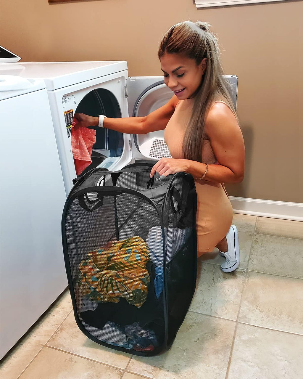 2 Pcs Strong Mesh Pop up Laundry Hamper,House Again Collapsible Laundry Basket with Durable Handles Solid Bottom High Carbon Steel Frame, Space-Saving, Easy to Open and Fold Flat for Storage(Black)