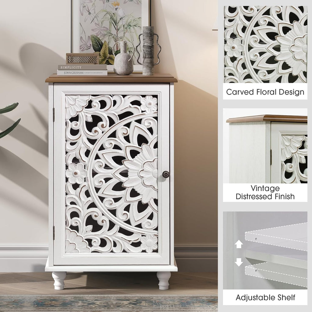 JOINICE Accent Storage Cabinet with Mandala Carved Doors,Small,White | Handcrafted Distressed Carvings,Vintage Floral Design for living room & office & bedroom,Solid Wood Legs,Adjustable Shelves