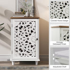 JOINICE Accent Storage Cabinet with Mandala Carved Doors,Small,White | Handcrafted Distressed Carvings,Vintage Floral Design for living room & office & bedroom,Solid Wood Legs,Adjustable Shelves