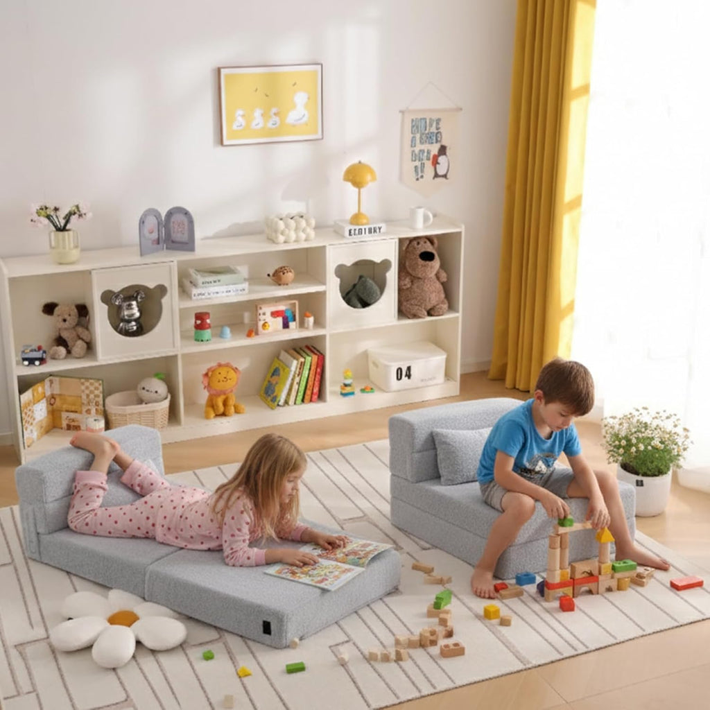 Folding Sofa Bed Mattress for Kids with Pillow, Toddler Washable Folding Floor Mat for Daycare, Child Fold Up Sofa Futon Chair Bed with Storage Bag for Playroom, Camping, Girls and Boys, Grey