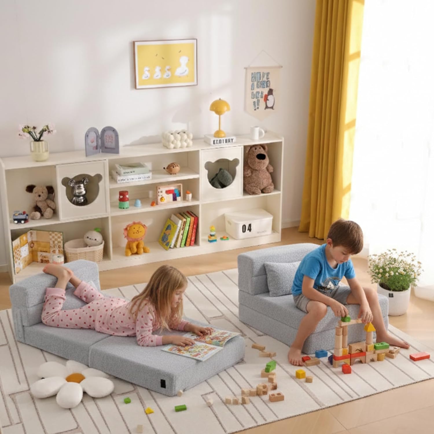 Folding Sofa Bed Mattress for Kids with Pillow, Toddler Washable Folding Floor Mat for Daycare, Child Fold Up Sofa Futon Chair Bed with Storage Bag for Playroom, Camping, Girls and Boys, Grey