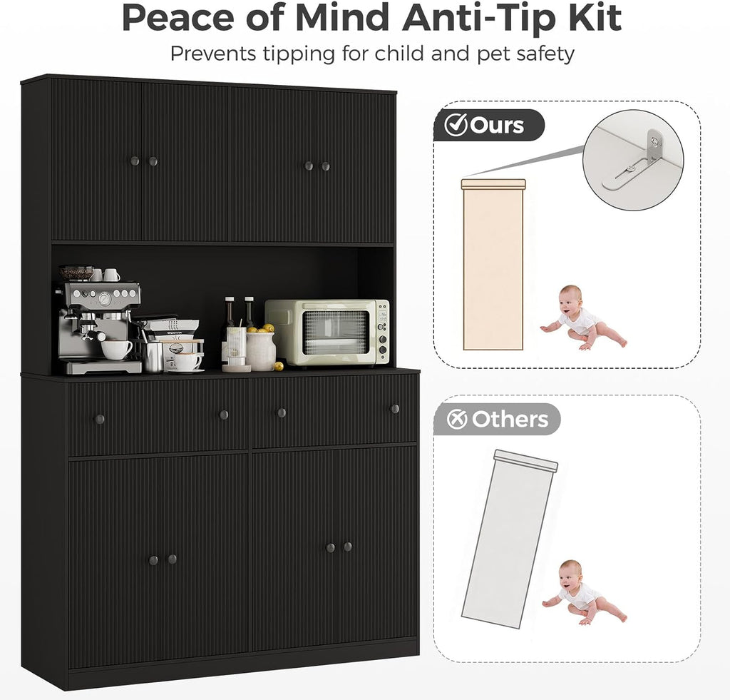 Garvee 47" Fluted Kitchen Pantry Cabinet with Countertop and Charging Station - Tall Pantry Storage Cabinet with 2 Drawers and Adjustable Shelves for Dining Room, Living Room