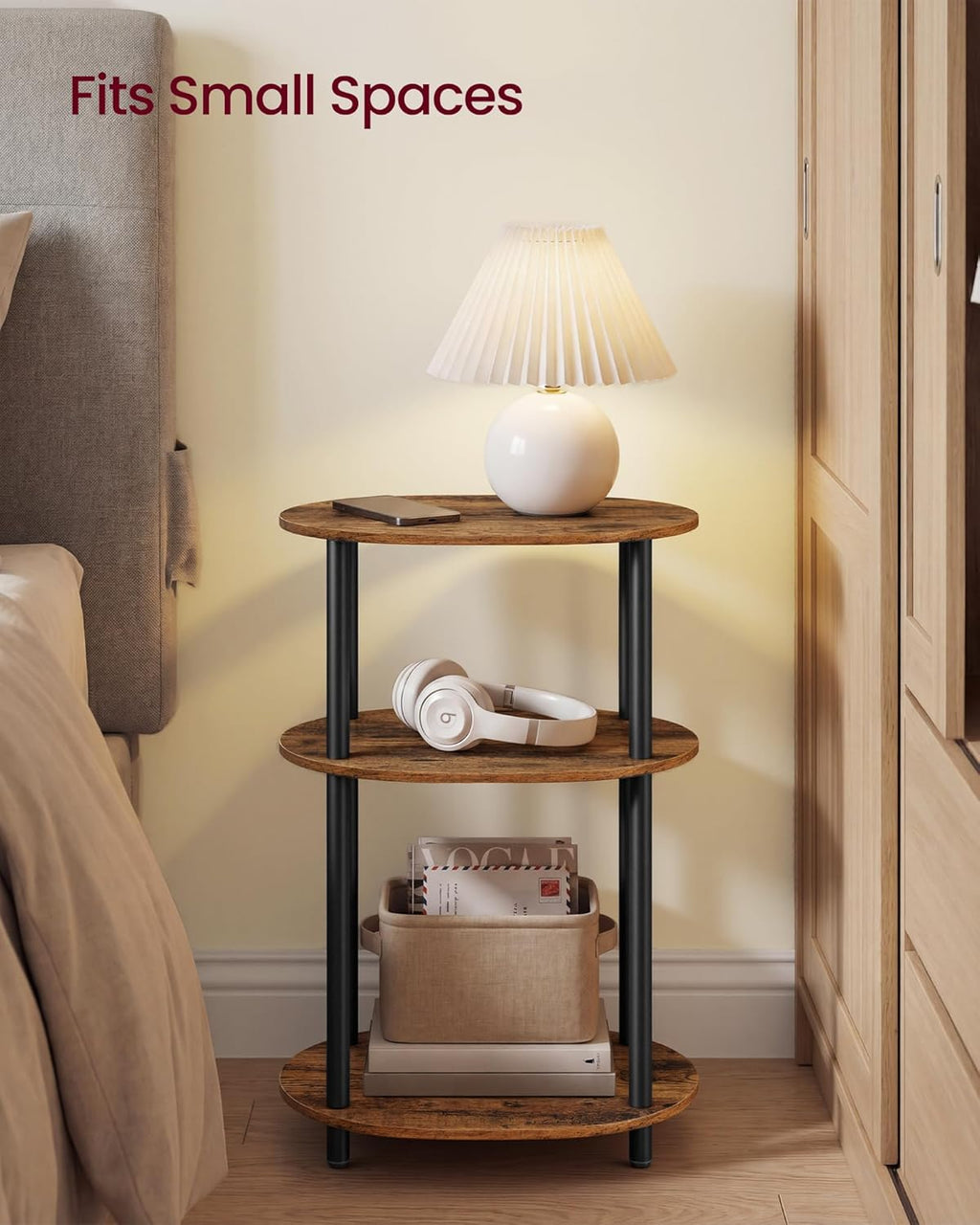 VASAGLE Side Table, Small End Table, Tall Nightstand for Living Room, Bedroom, Office, Bathroom, Steel Frame, Industrial Style, Oval, Rustic Brown and Ink Black ULET288K101