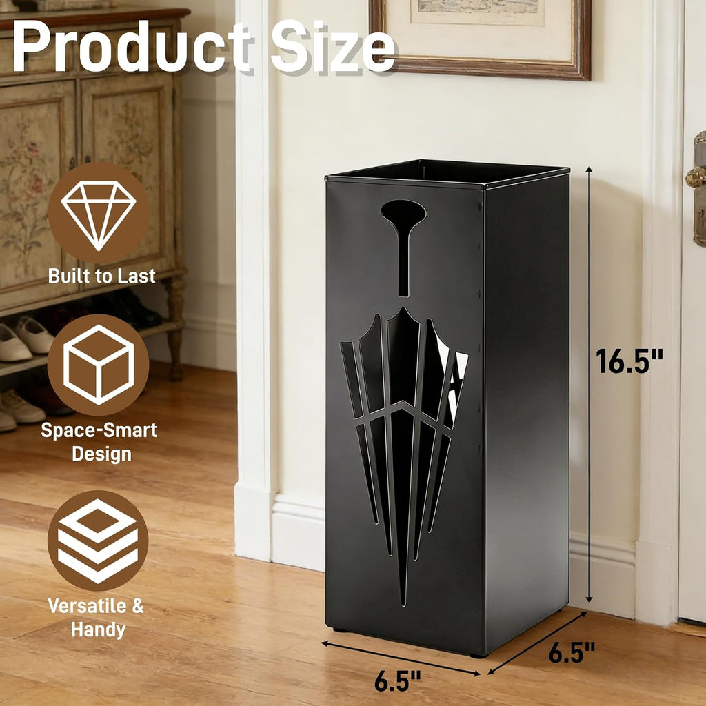 Square Metal Umbrella Stands, Umbrella Holder Rack for Entryway, Canes Walking Sticks Storage Bin Freestanding for Home Office Indoor Hotel Shop, 6.5" x 6.5" x 16.5", Black
