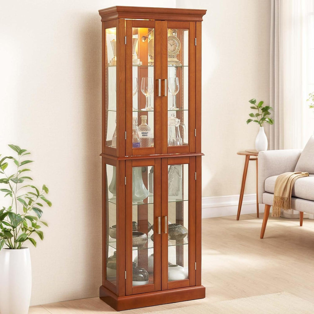 70"H Curio Cabinet,Curio Cabinet with Glass Doors,Wood Display with Adjustable Glass Shelves,Lighted Curios Cabinets,Vintage Accent Storage Cabinets with 6 Shelves,Curiocabinet for Living Room(Walnut)