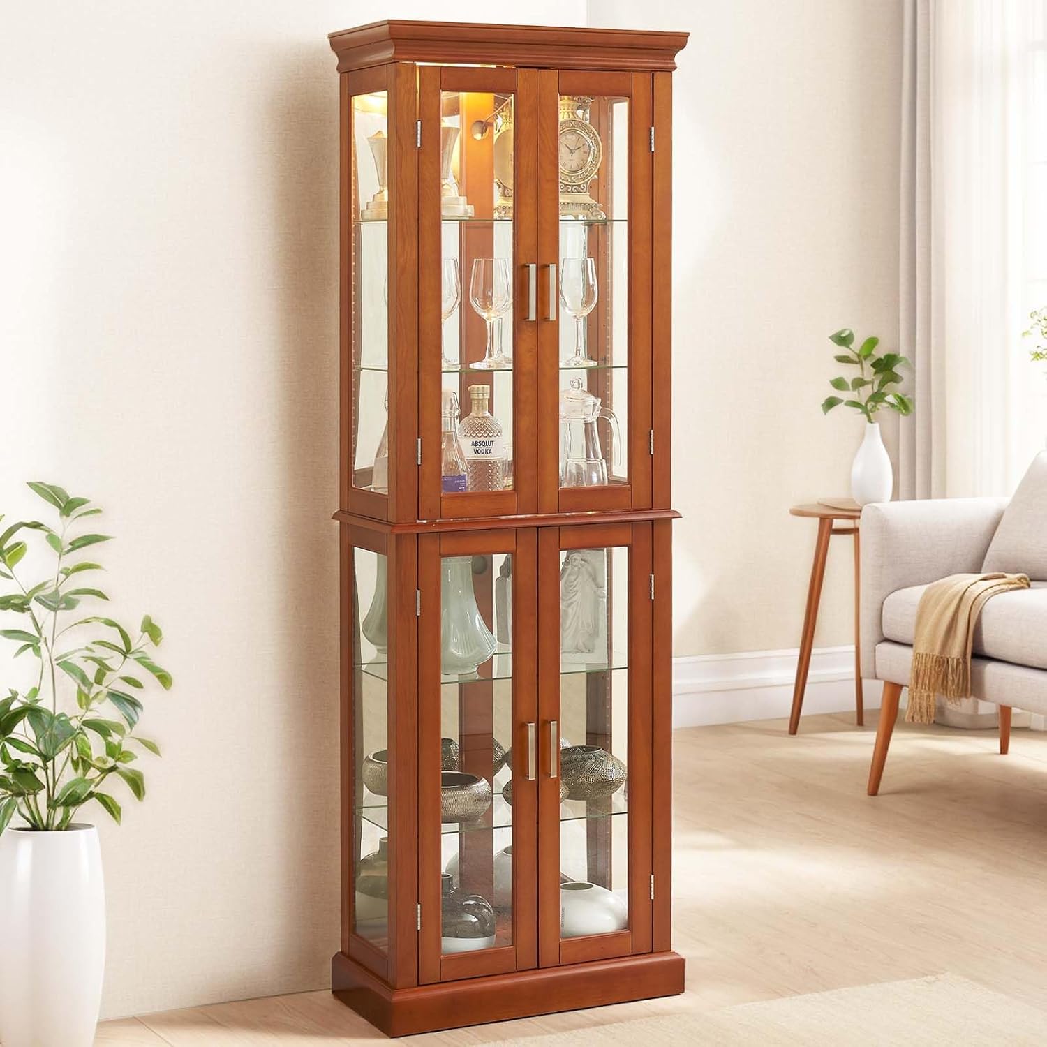 70"H Curio Cabinet,Curio Cabinet with Glass Doors,Wood Display with Adjustable Glass Shelves,Lighted Curios Cabinets,Vintage Accent Storage Cabinets with 6 Shelves,Curiocabinet for Living Room(Walnut)