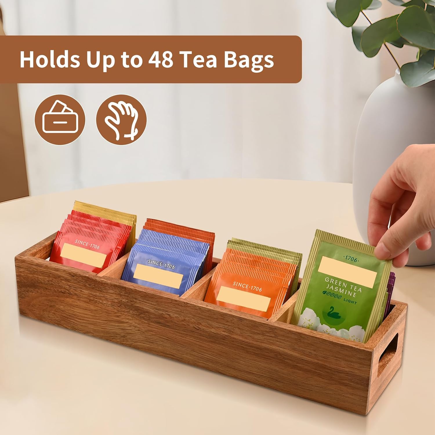 Acacia Wood Tea Bag Organizer with 4 Slots – Tea Bag Holder and Tea Organizer, Sugar Packet Storage for Countertops, Set of two