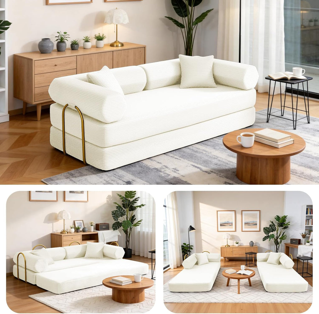 79" Corduroy Sofa Bed, Boneless Couch in a Box with 2 Pillows, High-Density Foam 4-in-1 Foldable Sleeper Futon Loveseat for Small Spaces, No Assembly, Side Pockets, Hex Arm White
