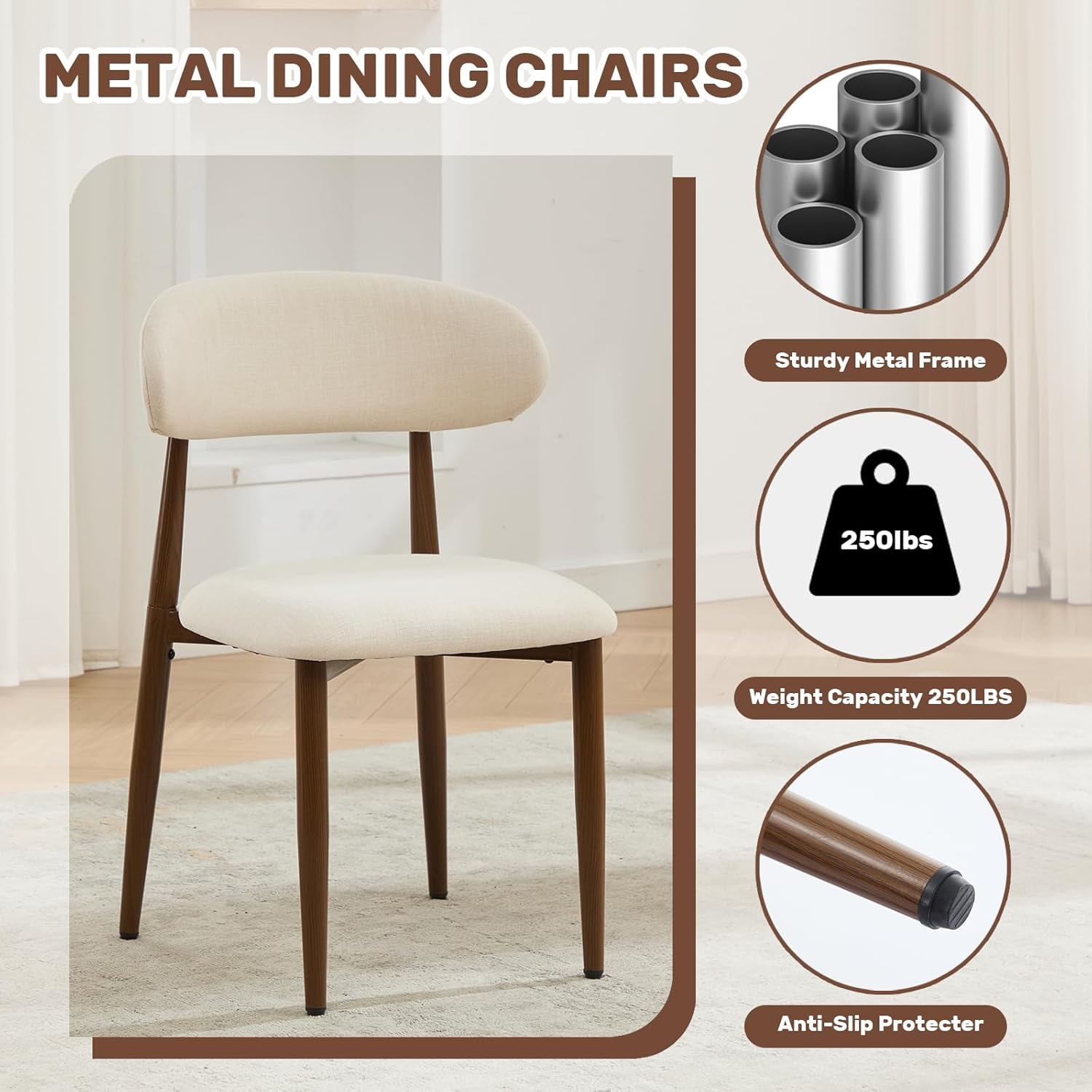 UVV Dining Chairs Set of 4, Metal Kitchen Chairs with Modern Fabric Upholstered for Dining Room, Beige
