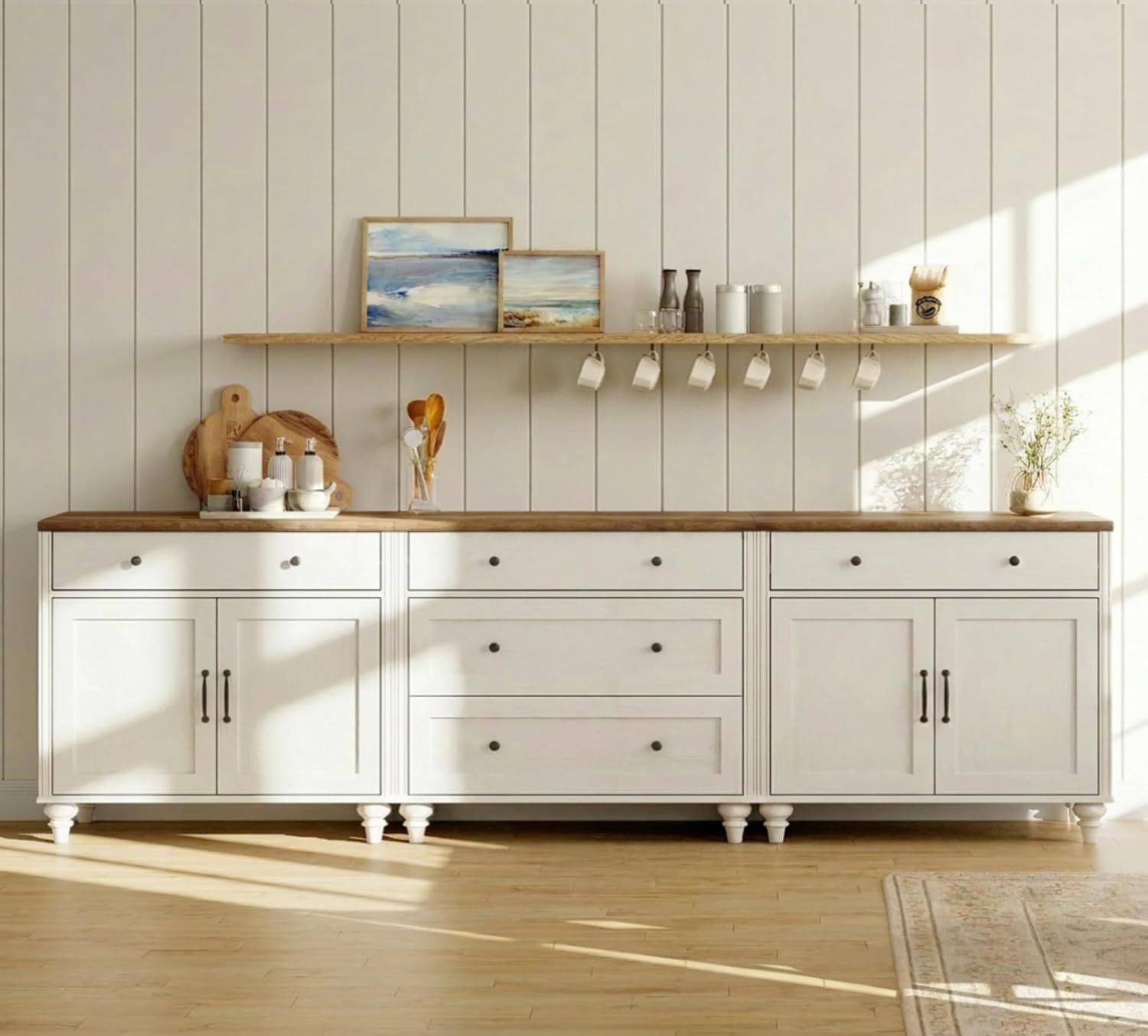 WAMAPT Large Buffet Cabinets with Wood Doors, Kitchen Storage Cabinets, Wooden Coffee Bar Tables with Vintage Gourd Leg, Sideboard Credenza Table for Dining Room, Living Room, Antique White