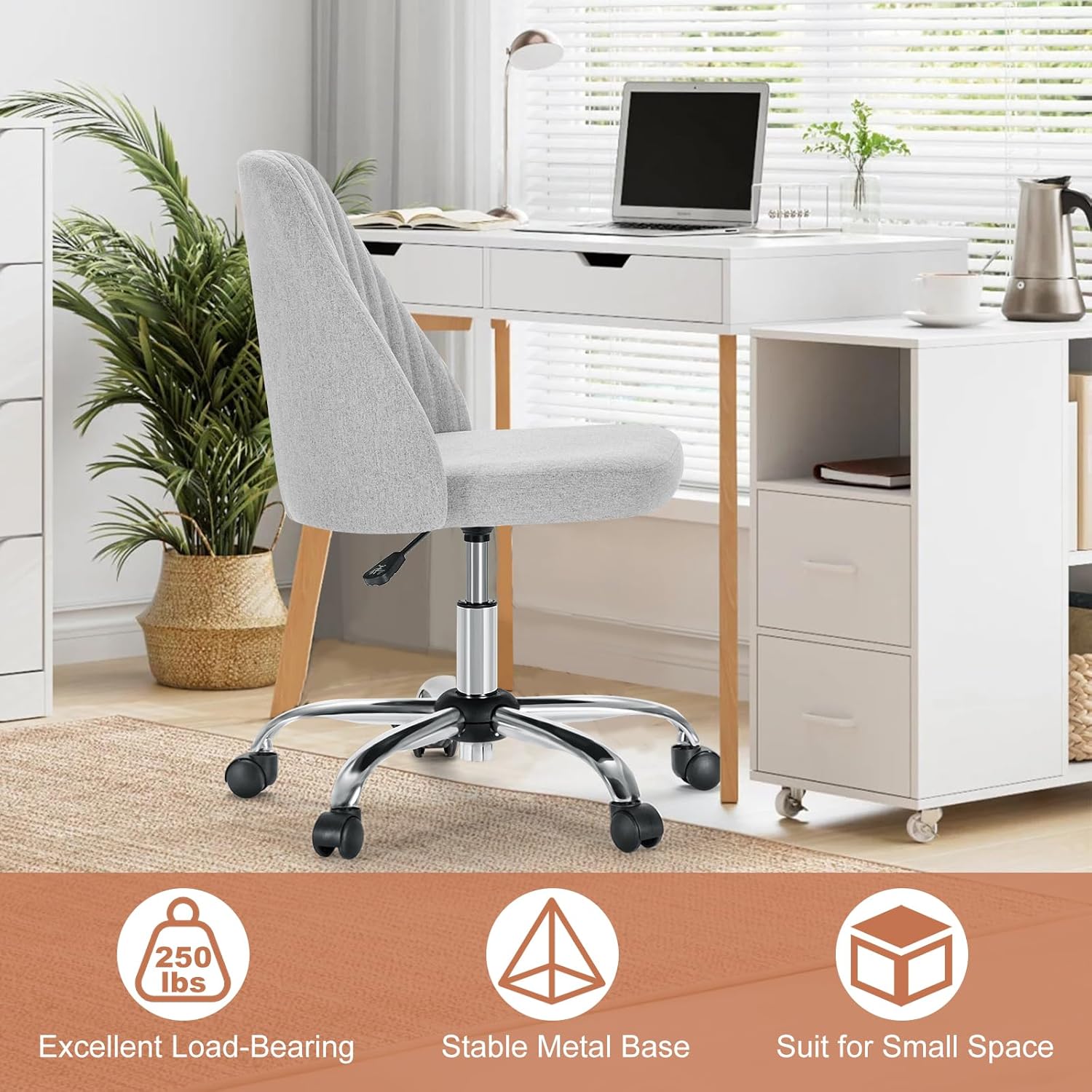 DUMOS Office Chair, Comfy Desk Chair Rolling Vanity Swivel Task Chairs with Wheels, Wide Seating Armless Height Adjustable Computer Chairs for Home,Bedroom,Student,Adults, Classic Grey