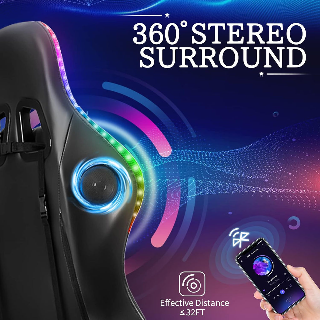 HOFFREE RGB Gaming Chair with Speakers Massage Computer Gaming Chair with LED Lights and Footrest High Back Video Game Chair for Adults Red and Black