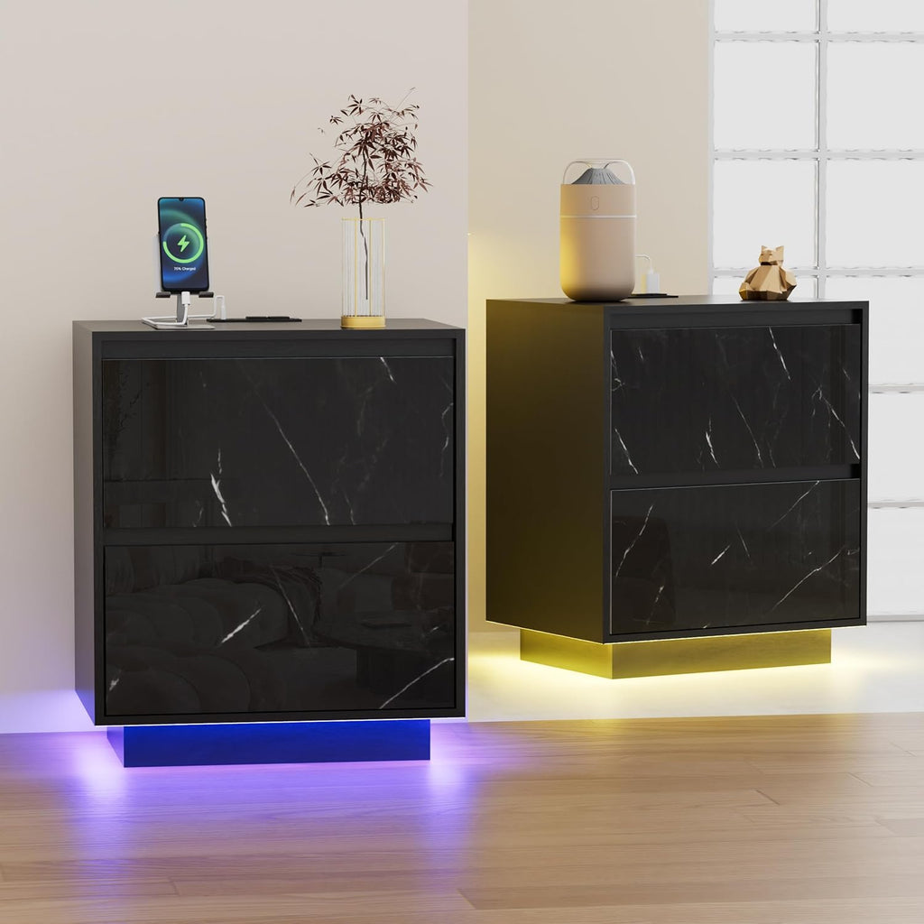 Anbuy LED Nightstand with 2 Drawers & Power Outlets, Nightstand Set of 2 with Lights, Bedside Table Modern End Table with Variable Color Lights for Bedroom, Living Room Black Marble