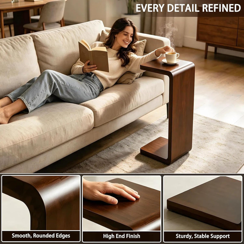 C Shaped End Table, Wooden Sofa Side Table, for Living Room, Bedroom, Office, for Laptop, Coffee, One-Piece Design Saves Space, Walnut