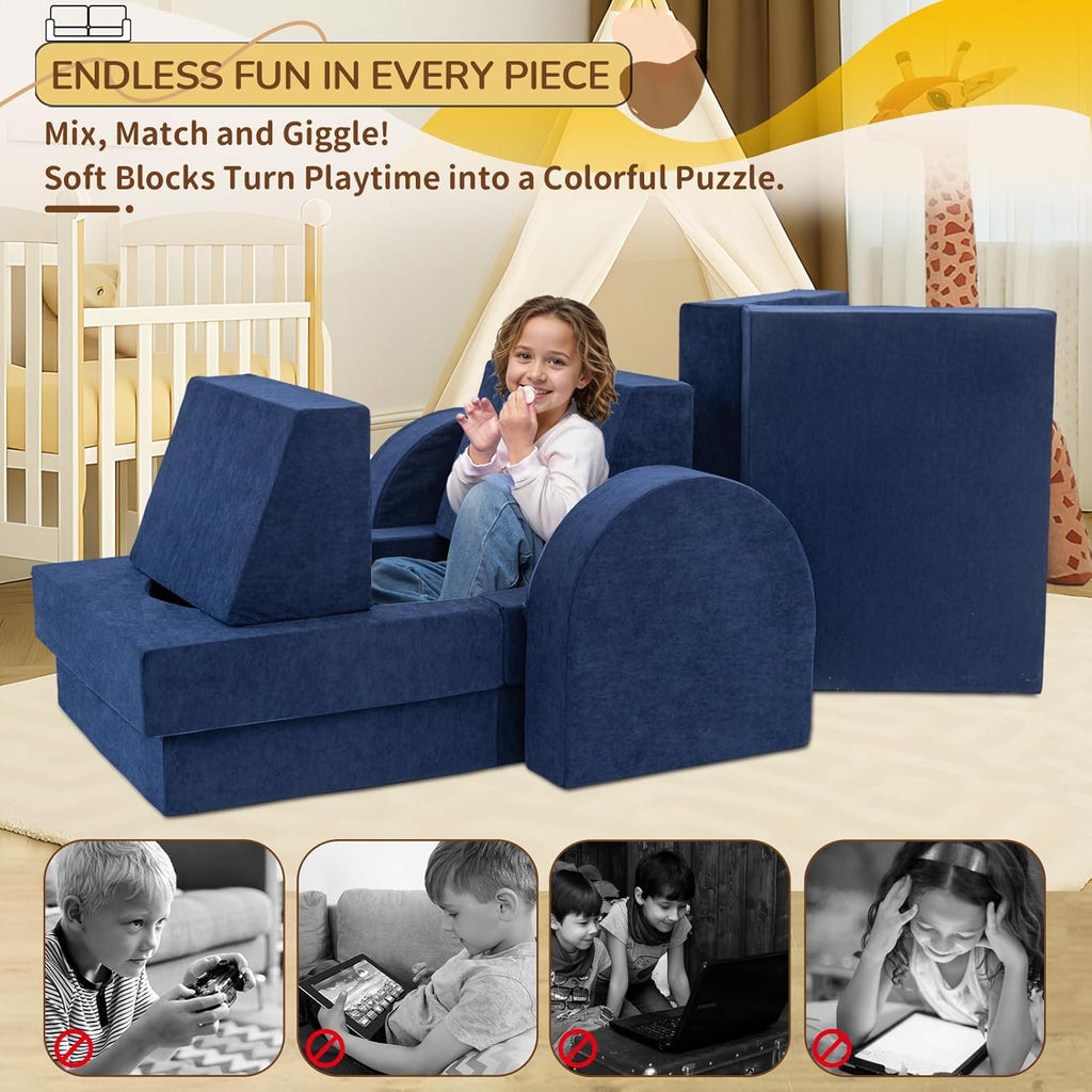 Fvkind 10 Pcs Modular Kids Play Couch, Foam Kids Play Couch for Playroom & Bedroom, Multifunctional Children Sofa Building Fort for Boys and Girls with Soft Foam and Removable Cover, Blue