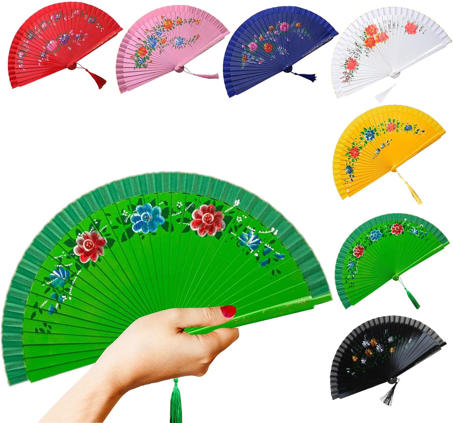 Elegant Spanish Dancing Fan, Vintage Hand, Double Sided Hand Painted Florals Folding for Decoration and Photography Prop