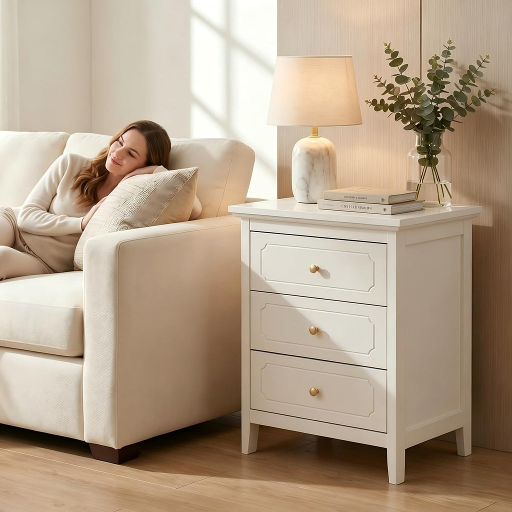 HOPUBUY 3 Drawer Narrow Nightstand for Bedroom, Storage Bedside Table | White, Set of 2, Modern Wood Metal End Table with Gold, Tall Night Stand for Living Room